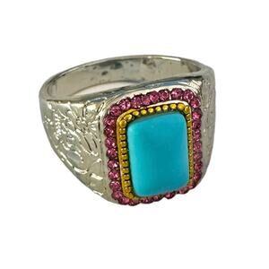 Chunk Ring Boho Costume Jewelry Turquoise Pink Silver 14